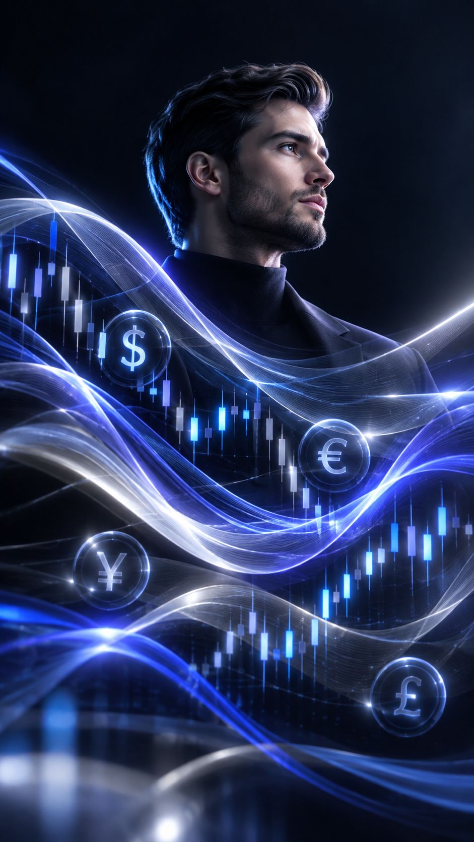 Abstract waves of light representing market volatility across currency charts