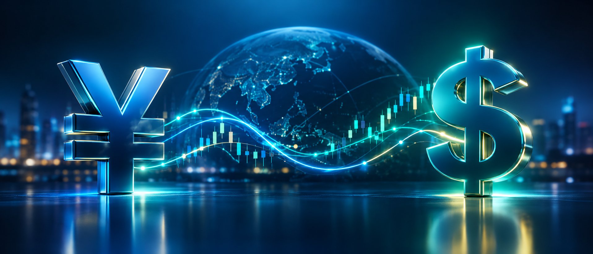 Stylized yen symbol and dollar symbol connected by glowing price lines